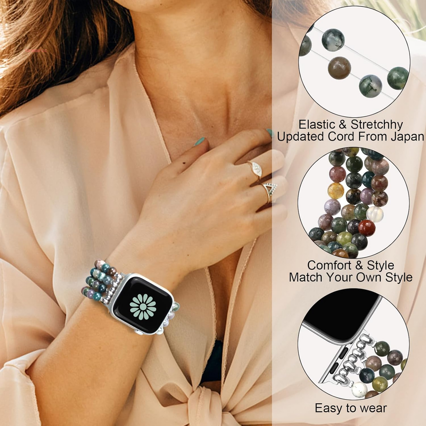 Braided Nylon Stretchy Strap Natural Stone Beaded Bracelet Band Bundle Compatible with Apple Watch 38Mm 40Mm 41Mm 42Mm (S10) for Women for Iwatch Series 10/9/8/7/6/5/4/3/2/1/SE