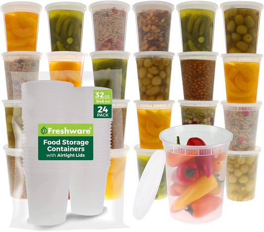Food Storage Containers [24 Set] 32 Oz Plastic Deli Containers with Lids, Slime, Soup, Meal Prep Containers | BPA Free | Stackable | Leakproof | Microwave/Dishwasher/Freezer Safe