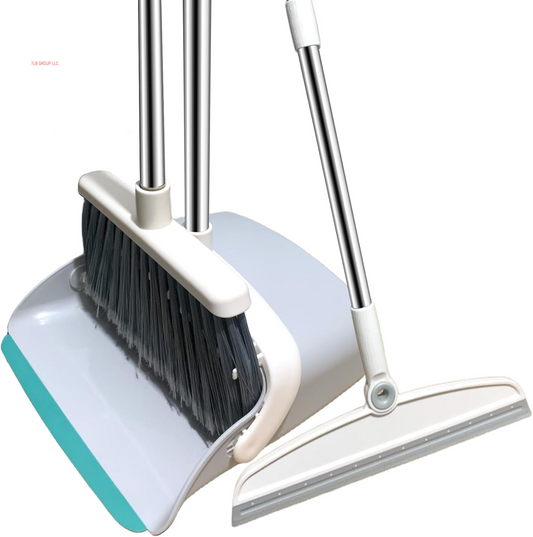 Upgrade Broom and Dustpan Set, Silicone Broom,Long Handle Broom with Upright Standing Dustpan, Squeegee - Broom for Indoor Cleaning 2+1,For Indoor Outdoor,Smooth Floors, Rugs (Grey-White)