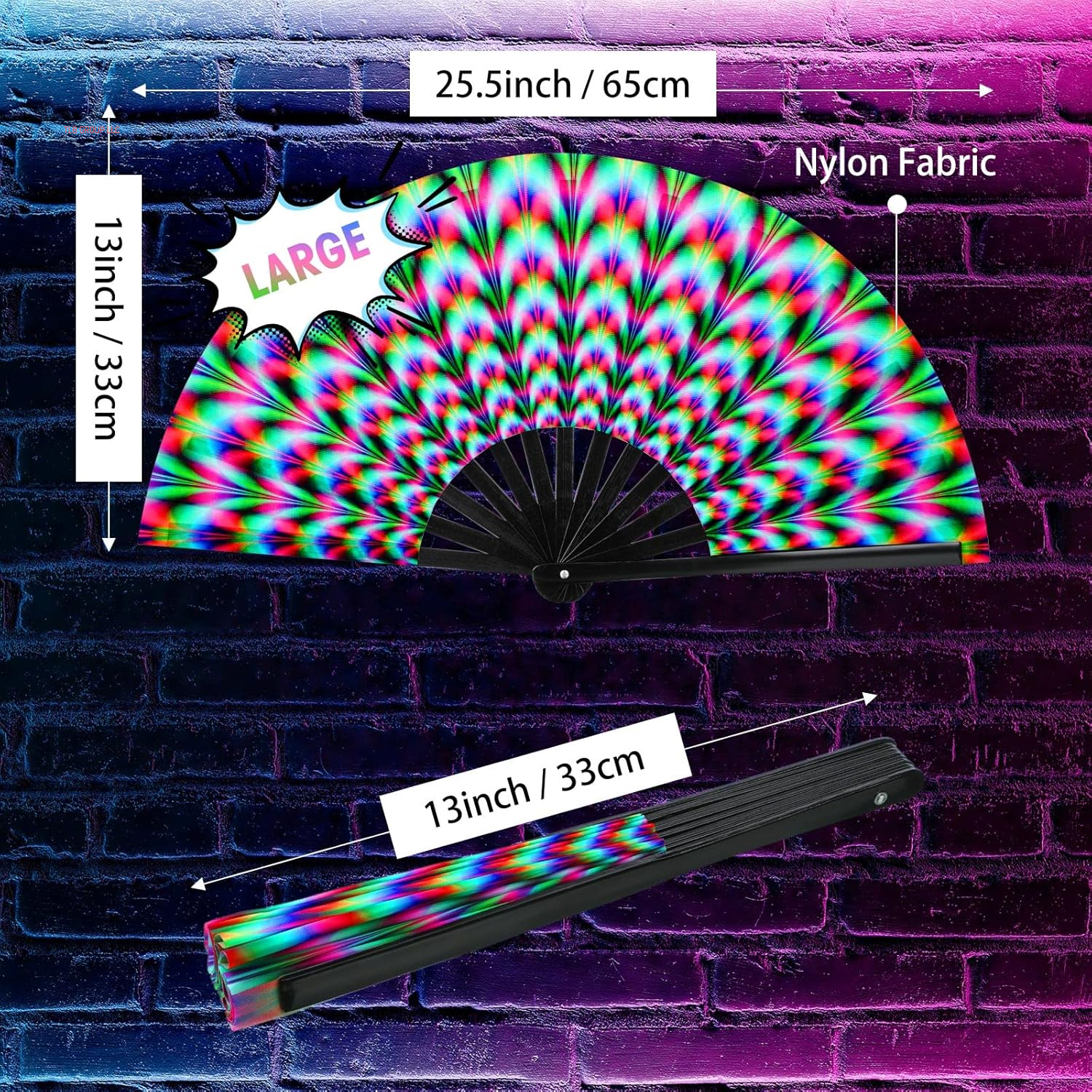 13 Inch Large Clack Rave Fan Folding Hand Fans for Line Dancing Popping Men Women Trippy Gifts Glow Handheld for EDM Music Festival Club Disco Party Dance Decoration