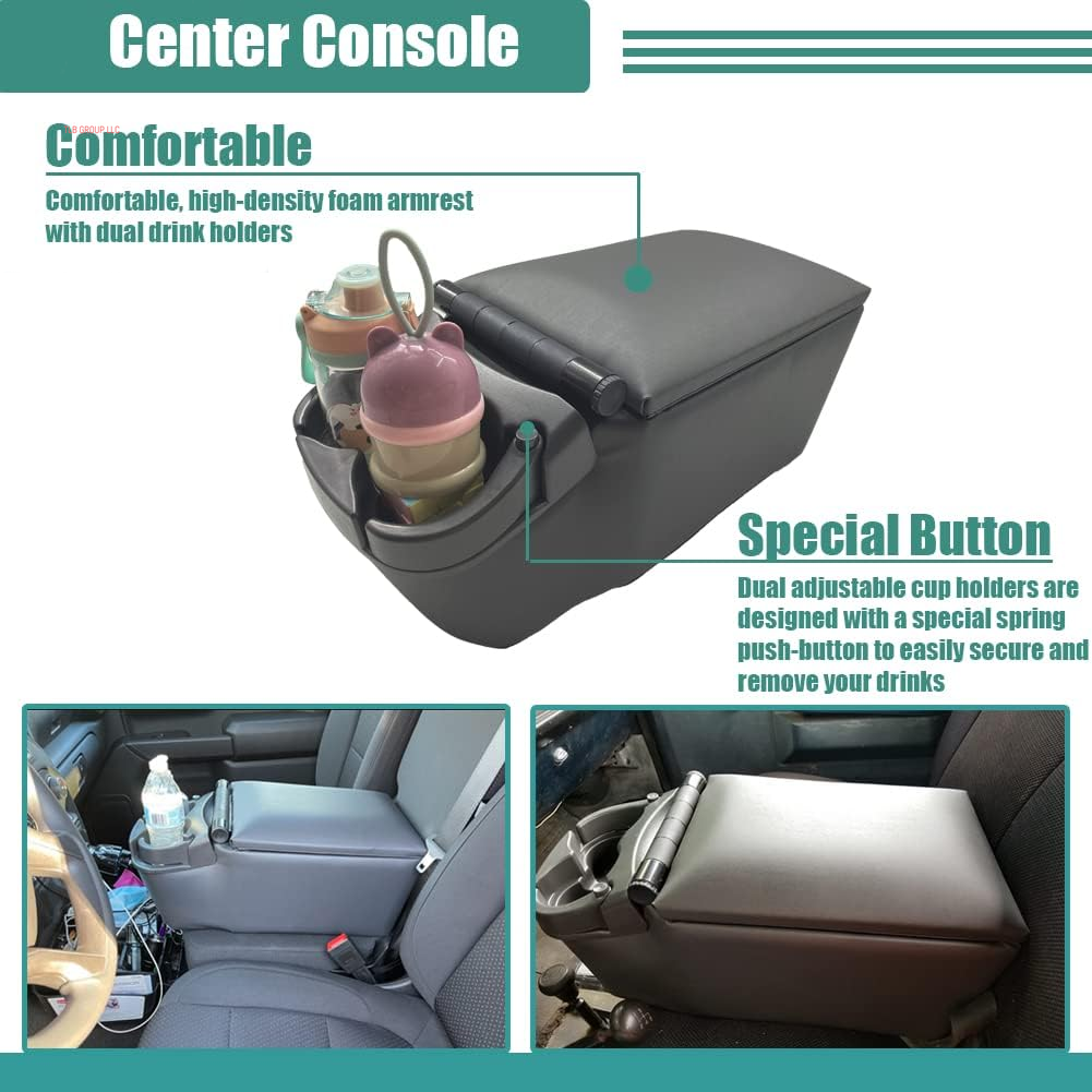 Universal Truck Seat/Bench Contractor Center Console Business Organizer and Storage with Adjustable Cup Holders, Clip Board, and Padded Top Lid for Armrest, Grey
