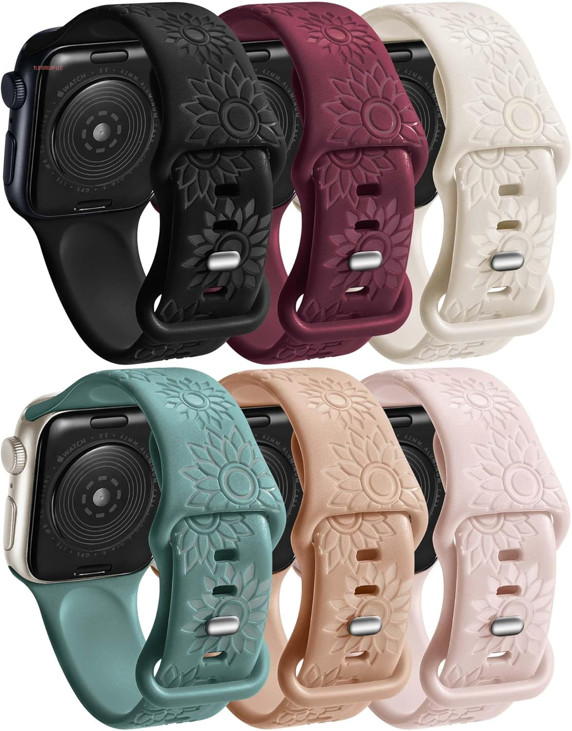 6 Pack Flower Engraved Bands Compatible Apple Watch Band with 38Mm 40Mm 41Mm 42Mm 44Mm 46Mm 45Mm 49Mm Women Men.Silicone Floral Reflective Sport Strap for Iwatch Series 10 9 8 7 6 5 4 3 SE Ultra 2 1