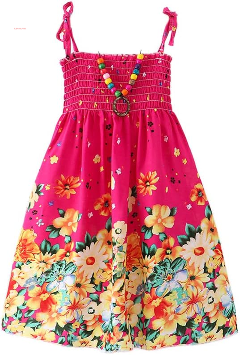 Girls Bohemian Dresses Floral Sleeveless Rainbow Beach Sundress with Necklace 2-12T