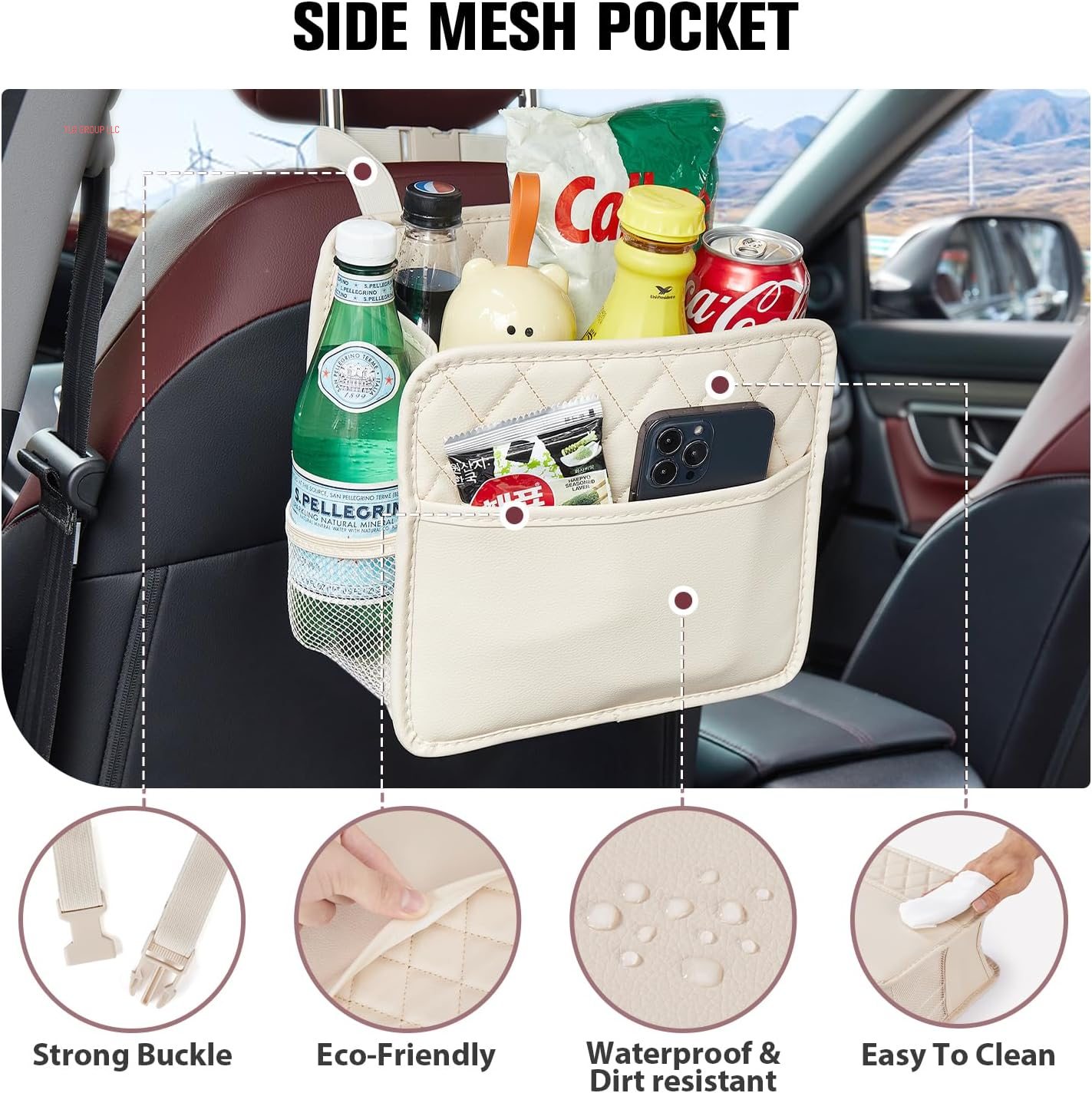 Back Seat Car Organizer, Large Car Seat Organizer with Cup Holders Multifunctional over the Car Seat Organizer Backseat Hanging Leather Car Seat Organizers and Storage Bags(Beige 1Pack)