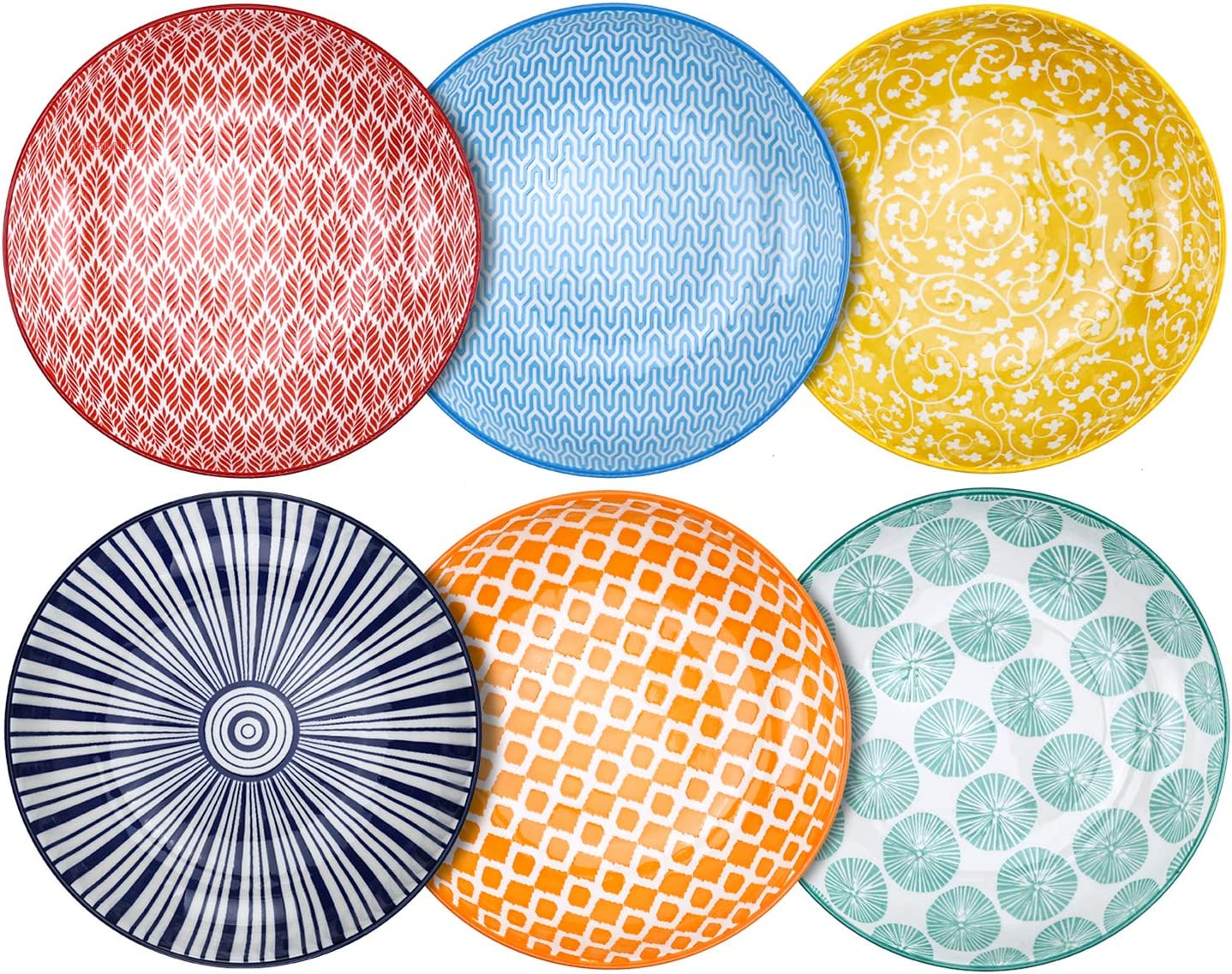 Porcelain Salad Pasta Bowls, Serving Bowls, Microwave & Dishwasher Safe, Sturdy & Stackable - 26 Ounce, Set of 6, Vintage Blue