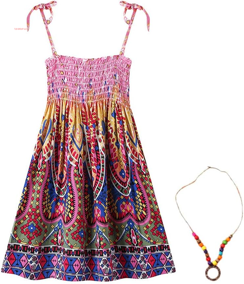 Girls Bohemian Dresses Floral Sleeveless Rainbow Beach Sundress with Necklace 2-12T