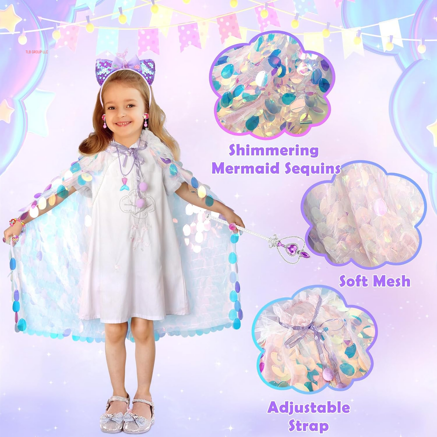 Princess Dress up for Girls 4-6, Mermaid Toddler Toys for Ages 3-8, 8 Pcs Shiny Sequin Princess Cape Set Kids Toys, Princess Girl Toys for Easter Halloween Birthday Christmas Gifts Party Favors