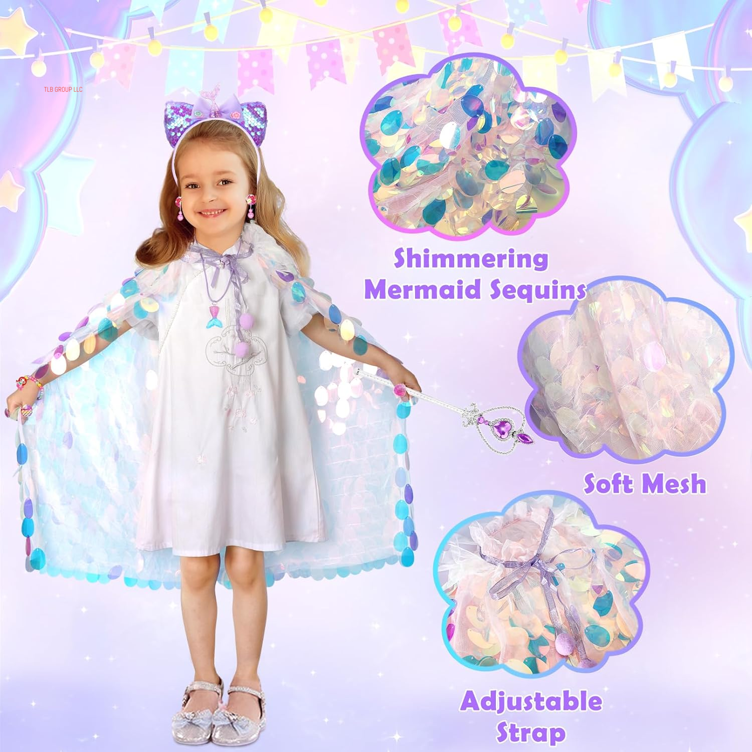 Princess Dress up for Girls 4-6, Mermaid Toddler Toys for Ages 3-8, 8 Pcs Shiny Sequin Princess Cape Set Kids Toys, Princess Girl Toys for Easter Halloween Birthday Christmas Gifts Party Favors