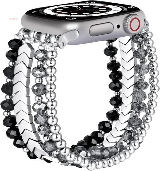Bracelet Band Beaded Compatible with Apple Watch 38/40/41Mm Women, Fashion Elastic Stretch Strap Bands for Iwatch Series SE/9/8/7/6/5/4/3/2/1 (Black/Sliver/Grey)