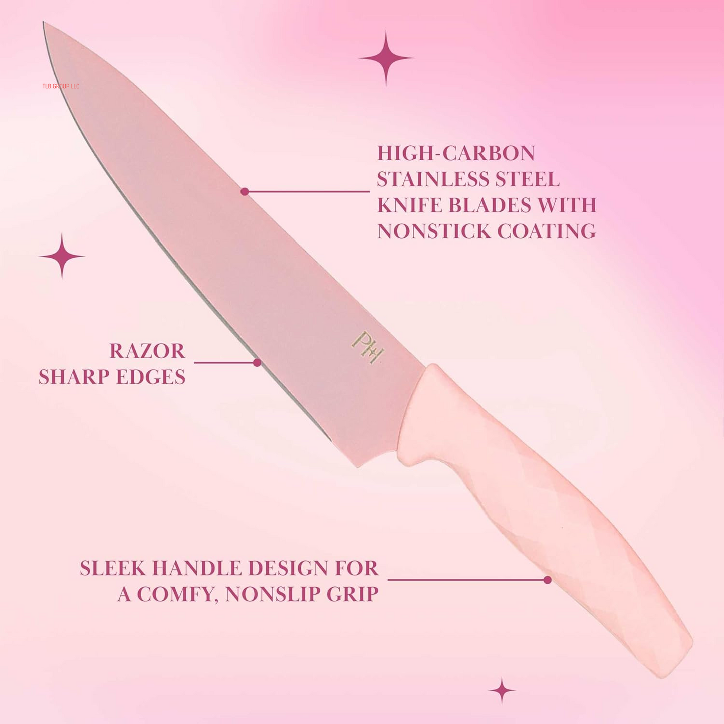 Knife Block Set with Fan Style Clear Acrylic Knife Block, Premium Stainless Steel Blades with Nonstick Coating, Comfort Grip Handles, 16-Piece Set, Pink and Gold