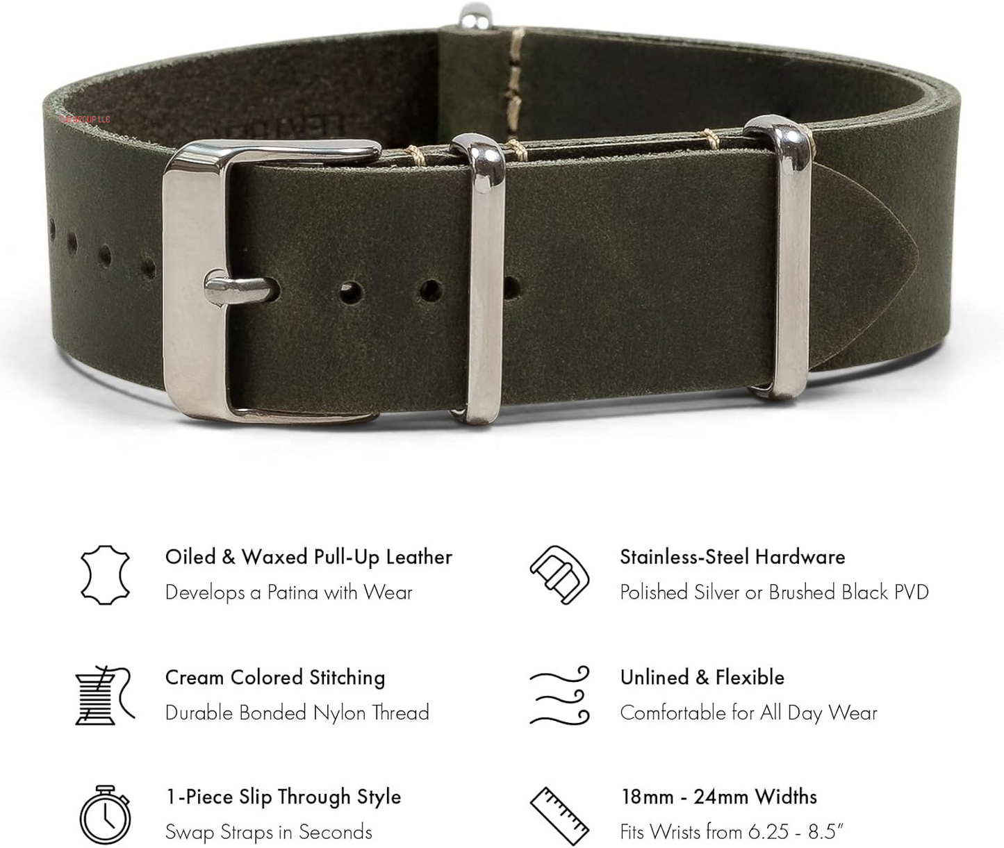 Benchmark Leather Watch Band - Crazy Horse Oiled Leather One-Piece Watch Straps for Men or Women - 18Mm, 20Mm, 22Mm or 24Mm Widths