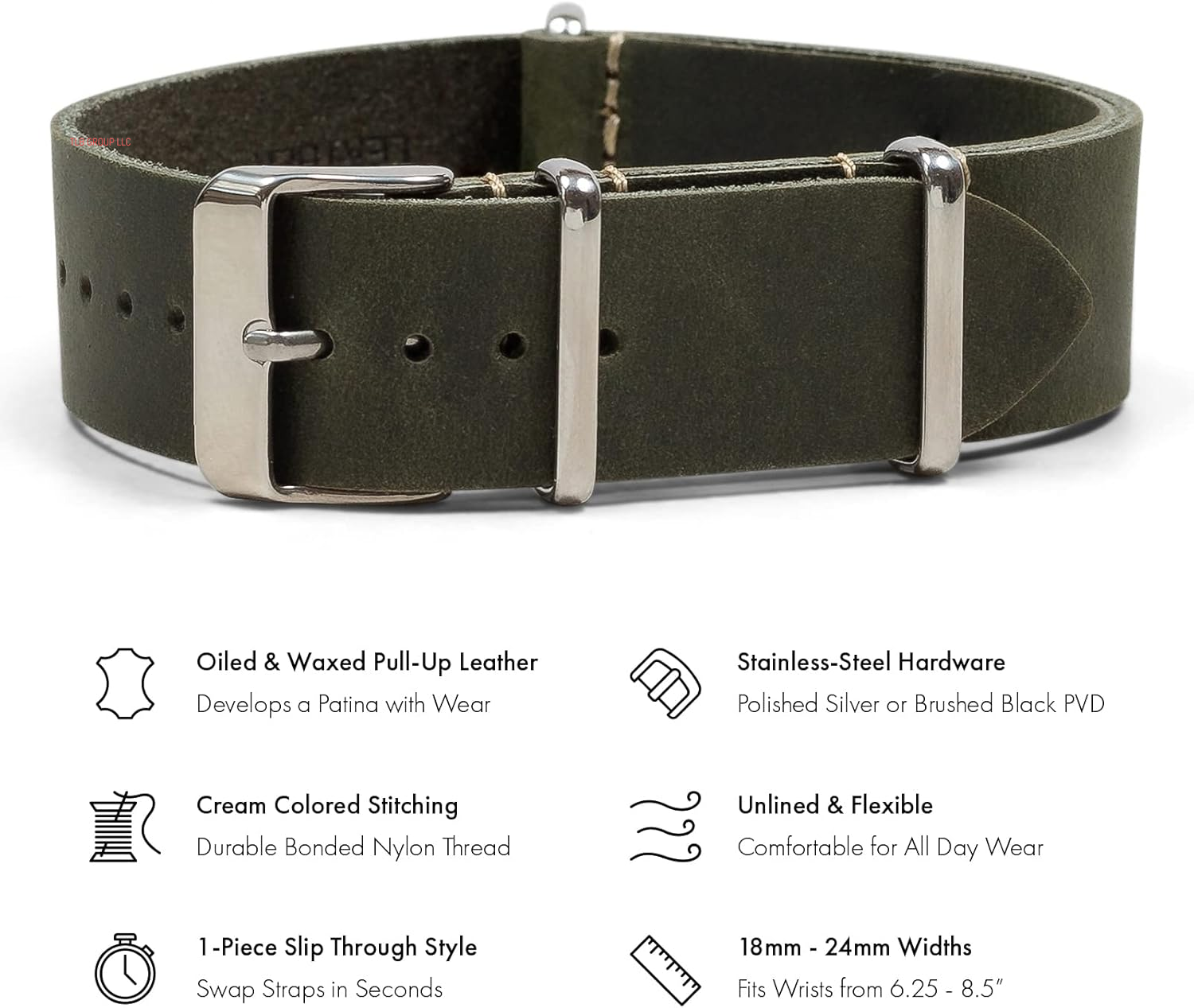 Benchmark Leather Watch Band - Crazy Horse Oiled Leather One-Piece Watch Straps for Men or Women - 18Mm, 20Mm, 22Mm or 24Mm Widths