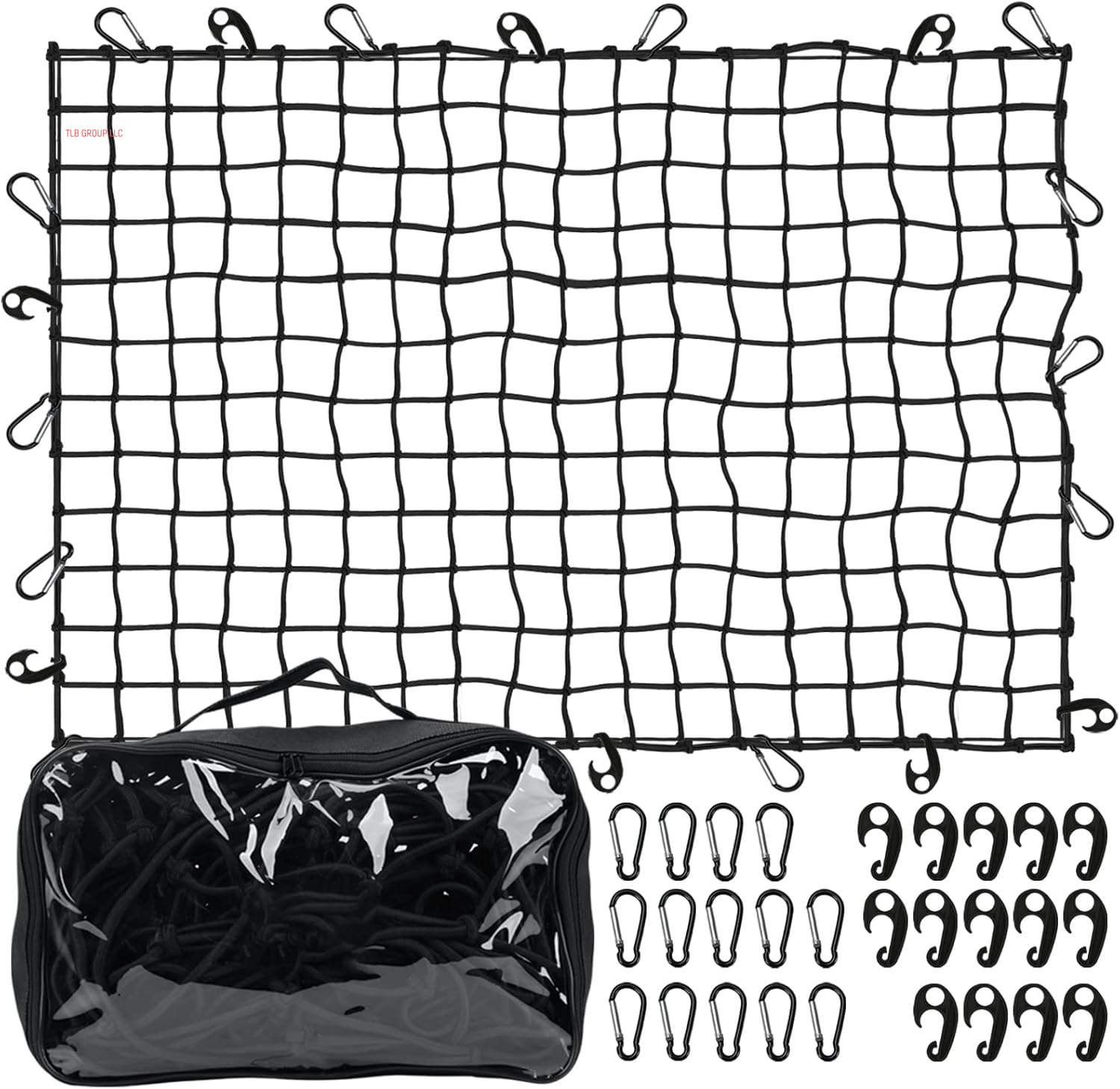 5’ X 7'Cargo Net for Pickup Truck Bed Stretches to 10' X 14' Heavy-Duty, Mesh Square Latex Bungee Netting with 14 Metal Carabiners + 14 Hooks- Compatible with Ford, Dodge RAM, Chevy, Toyota