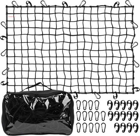 5’ X 7'Cargo Net for Pickup Truck Bed Stretches to 10' X 14' Heavy-Duty, Mesh Square Latex Bungee Netting with 14 Metal Carabiners + 14 Hooks- Compatible with Ford, Dodge RAM, Chevy, Toyota