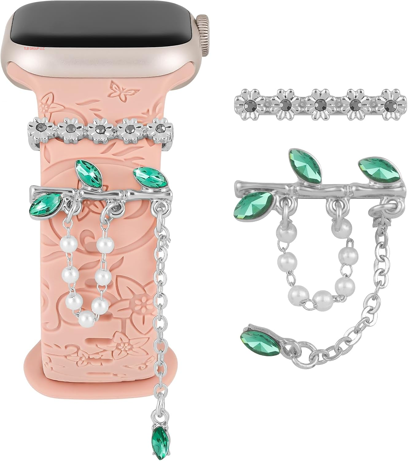Charm+Band for Apple Watch Bands 40Mm 41Mm 38Mm 44Mm 45Mm 46Mm 42Mm Women Men,Floral Engraved Silicone Sport Band+Decorative Ring Loops for Iwatch Series 10 9 8 7 6 5 4 3 SE Ultra/2 49Mm,Jewelry Strap