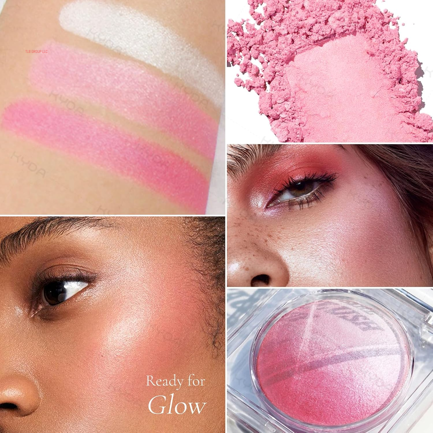 Pink Baked Blush, Pink Glow Powder for Blush and Highlighter, High Glossy Finish, Lightweight Blendable Shimmer Blusher, Multiuse Baked Powder, 0.53 Oz